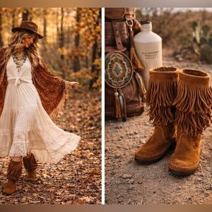 Minnetonka Fringe Suede Boots Women’s 8 Boho Y2K Moc Toe Mid-Calf Brown